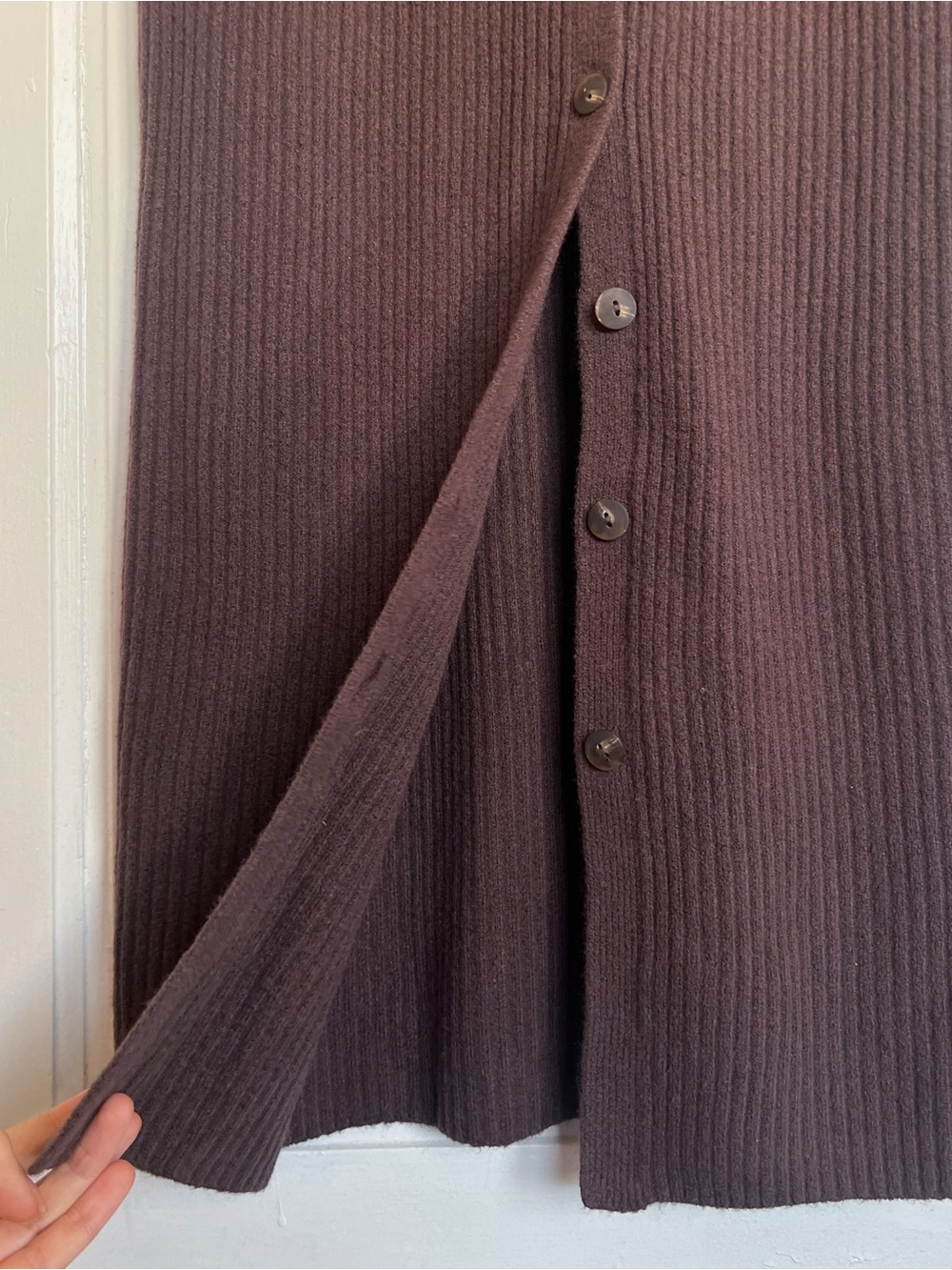 A&F • Duster Maxi Sweater Dress brown ribbed knit midi button front v-neck - Picture 6 of 10